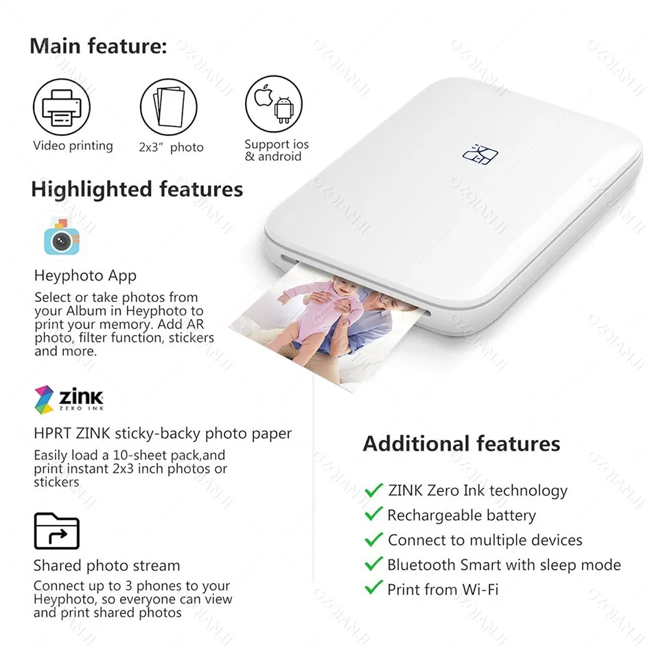 HPRT MT53 Portable Mni Mobile Pocket Printer BT Wireless Photo Printer with Zink Technology 2x3 Inch Color Photo Printer Maker