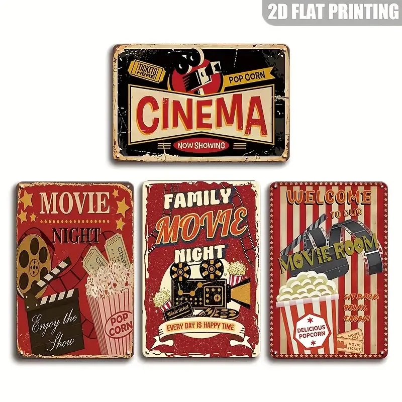 2D Flat, 4pcs Vintage Movie Night Metal Signs- 20x30 Cm Retro Popcorn& Cinema Wall Art Decor, Durable, Easy To Hang For Home Bar