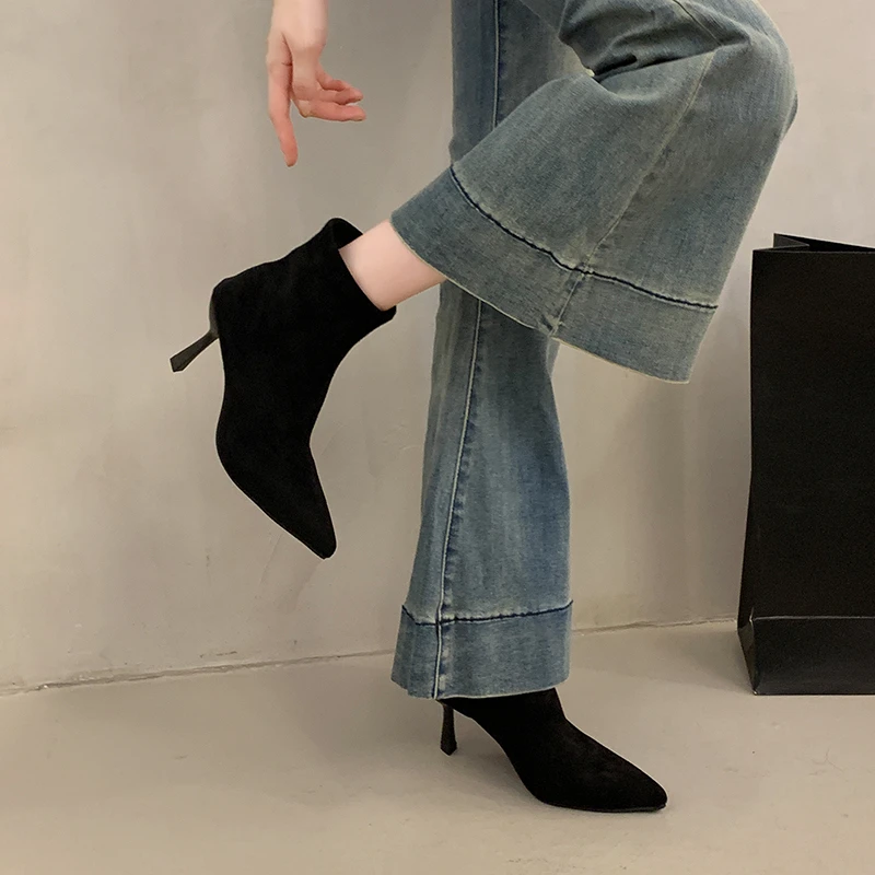 Comemore الخريف أشار تو الجلد المدبوغ النساء حذاء من الجلد مثير رقيقة عالية الكعب الزفاف أحذية الحفلات السيدات أنيقة تمتد الجوارب القصيرة