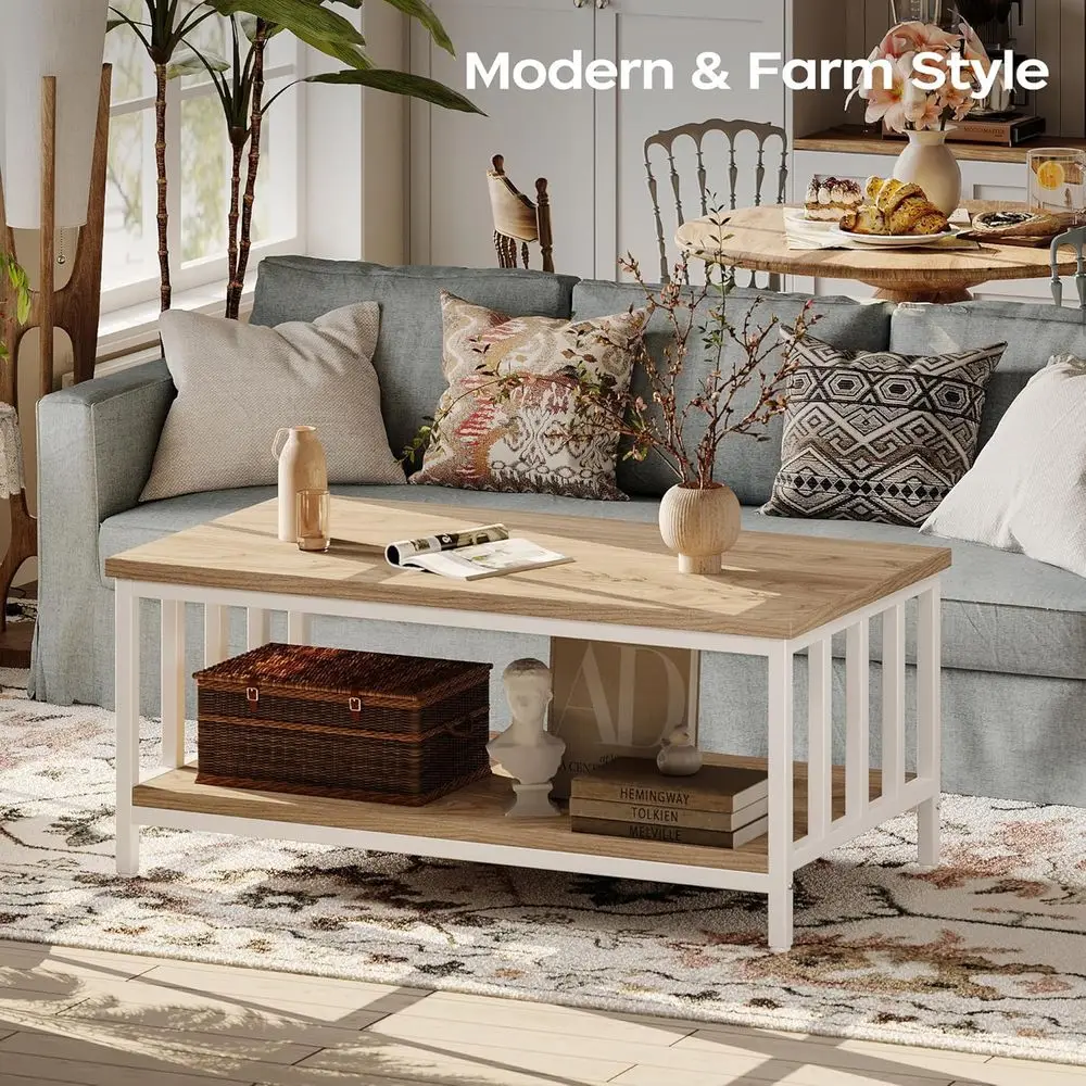 Modern Farmhouse Coffee Table with Slatted Sides, 2-Tier Storage, 39 Light Coffee for Living Room & Home Office