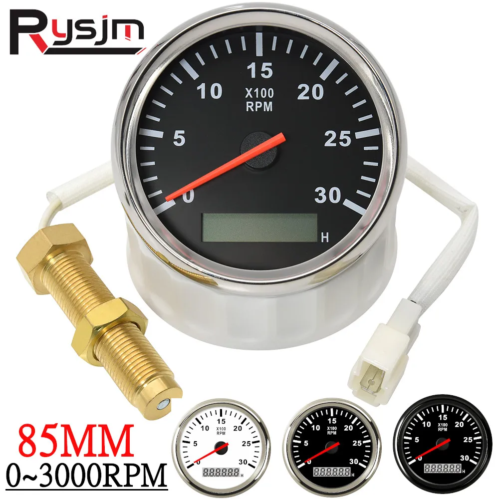 Custom 85MM RPM Tachometer Gauge Tach Sensor REV Counter with Hour Meter Gasoline Diesel 12V 24V Red Backlight 0~3000RPM 4000RPM