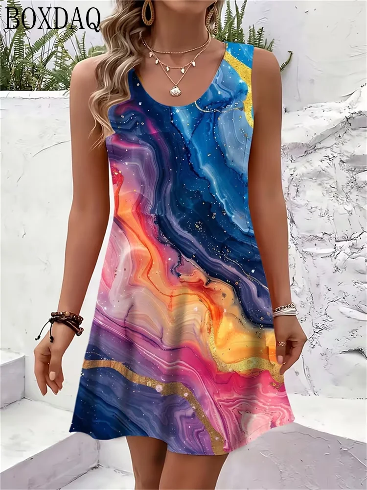 New women's clothing round neck sleeveless fashionable simple daily comfortable loose abstract art print A-line date party dress
