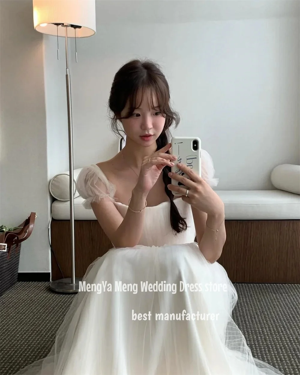 ZHUISHU Semplice colletto quadrato A Line Tulle Abiti da sposa Corea Servizio fotografico Maniche corte Lunghezza pavimento Abiti da sposa Personalizzati