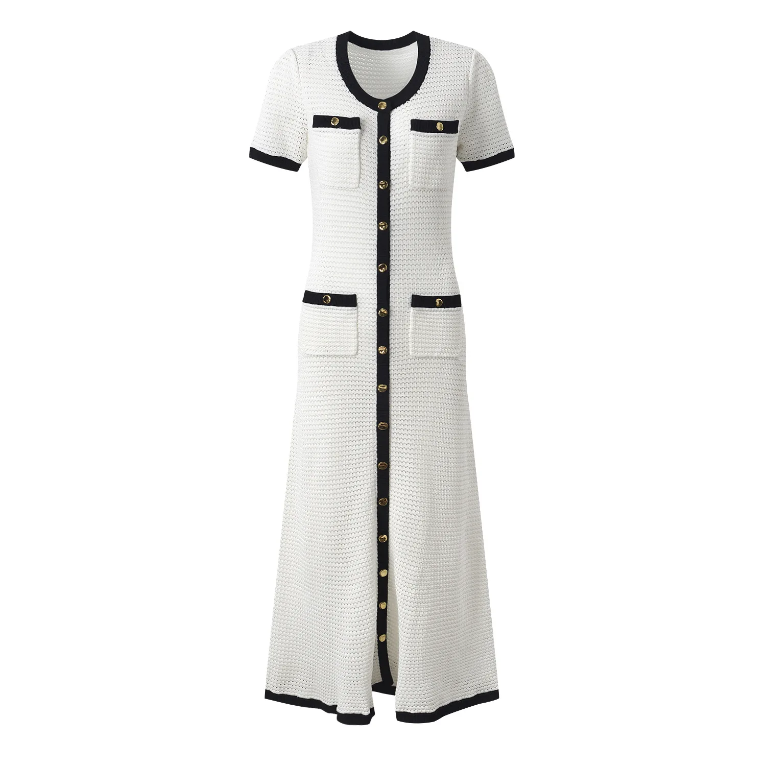 

Women's white V-neck short sleeved knitted dress with slim fit pockets and an elegant midi robe