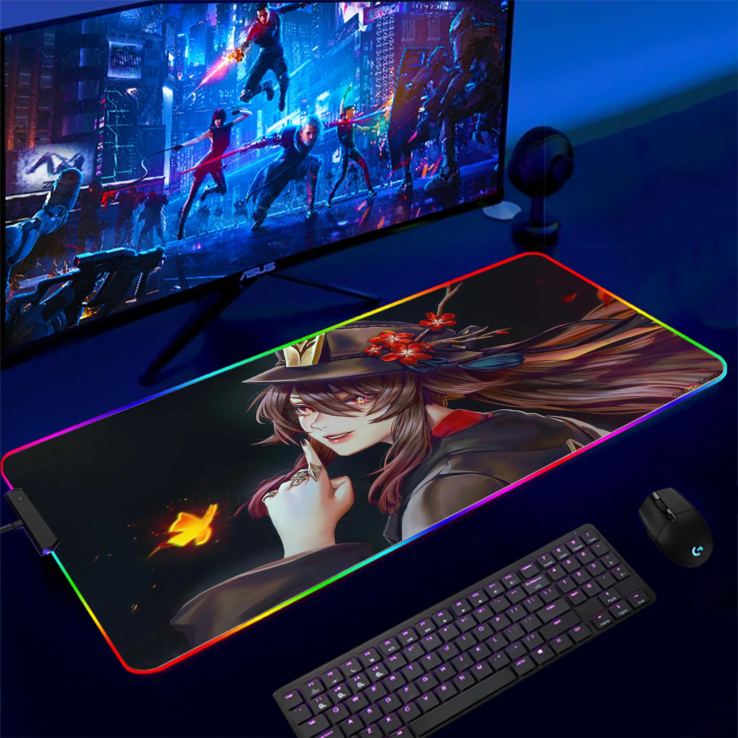 Computer Gaming Mouse Pad RGB HU TAO Genshin Impact  Laptop Gamer Mousepad Anime Antislip Large LED Carpet Mat Backlit