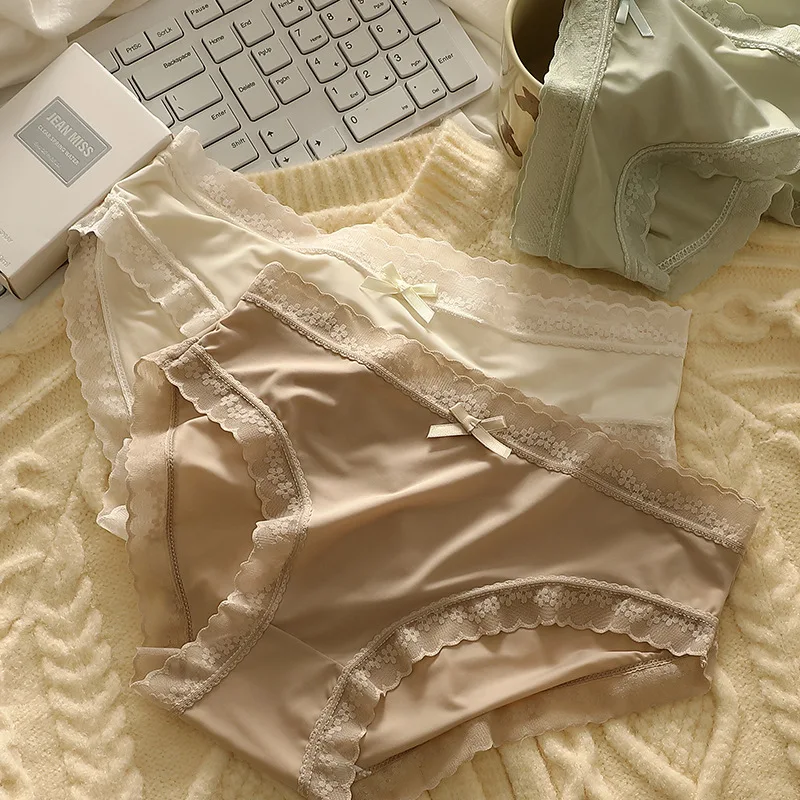 Ropa interior de seda helada para mujer, bragas con máscara de cintura media sin costuras de secado rápido, bragas sexys con adornos de encaje de estilo japonés para adolescentes, 3 piezas