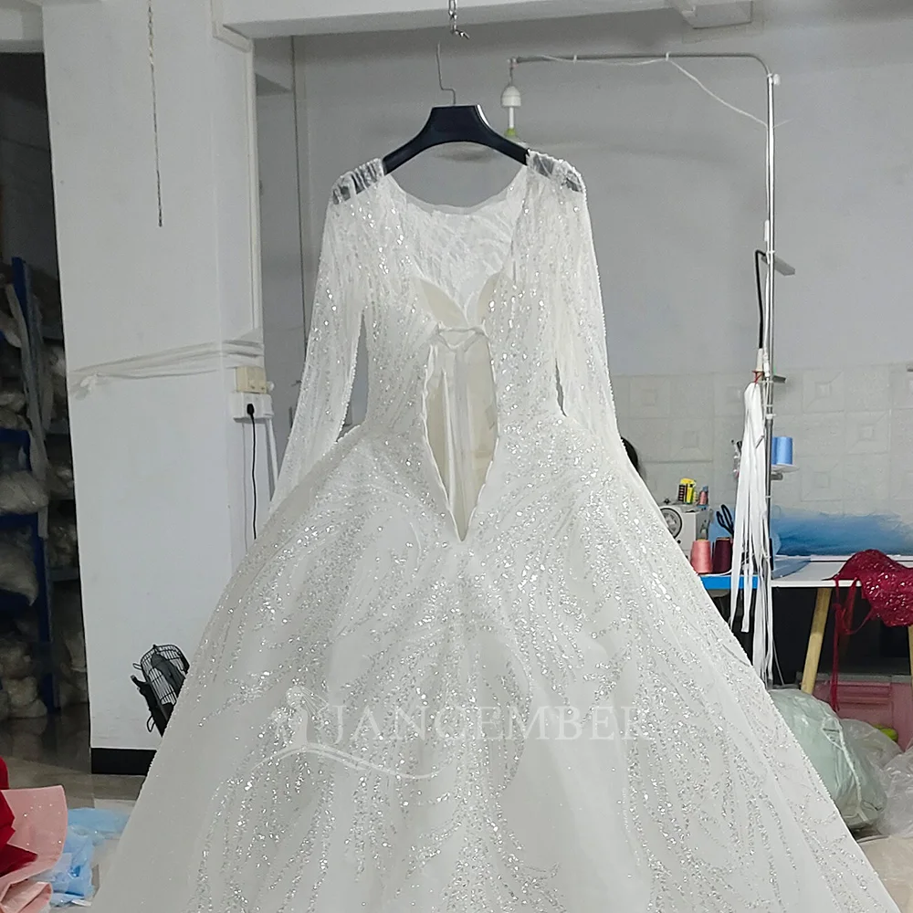Neuheiten Oansatz Open Back Langarm Glänzende Prinzessin Ballkleid Brautkleider Mit Gericht Zug vestidos de novia boda