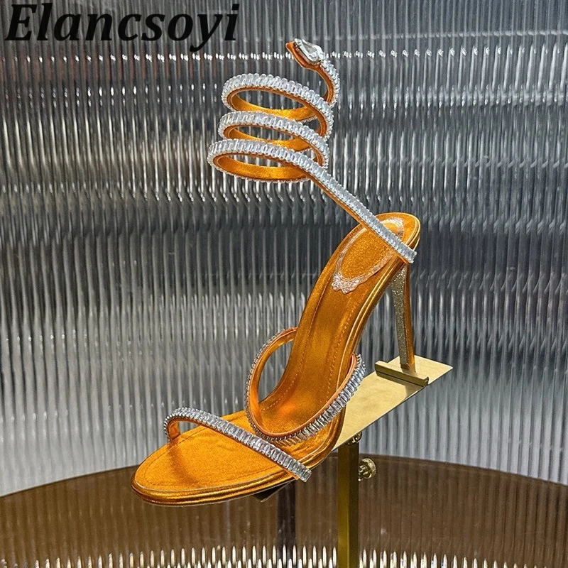 Thin Heels Sandals Crystal High Heels Women Pumps Open Toe Ankle Snake Shaped Winding Wedding Shoes Summer Sexy Sandalias