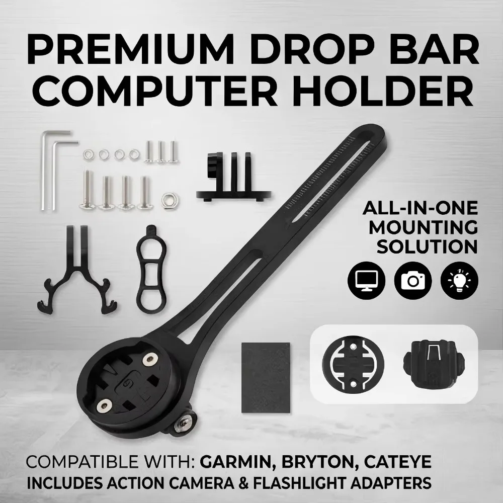 Bicycle Drop‑Bar Computer Mount Front Handlebar Bracket, Compatible with Garmin, Bryton, Cateye, Action Cameras and Flashlights
