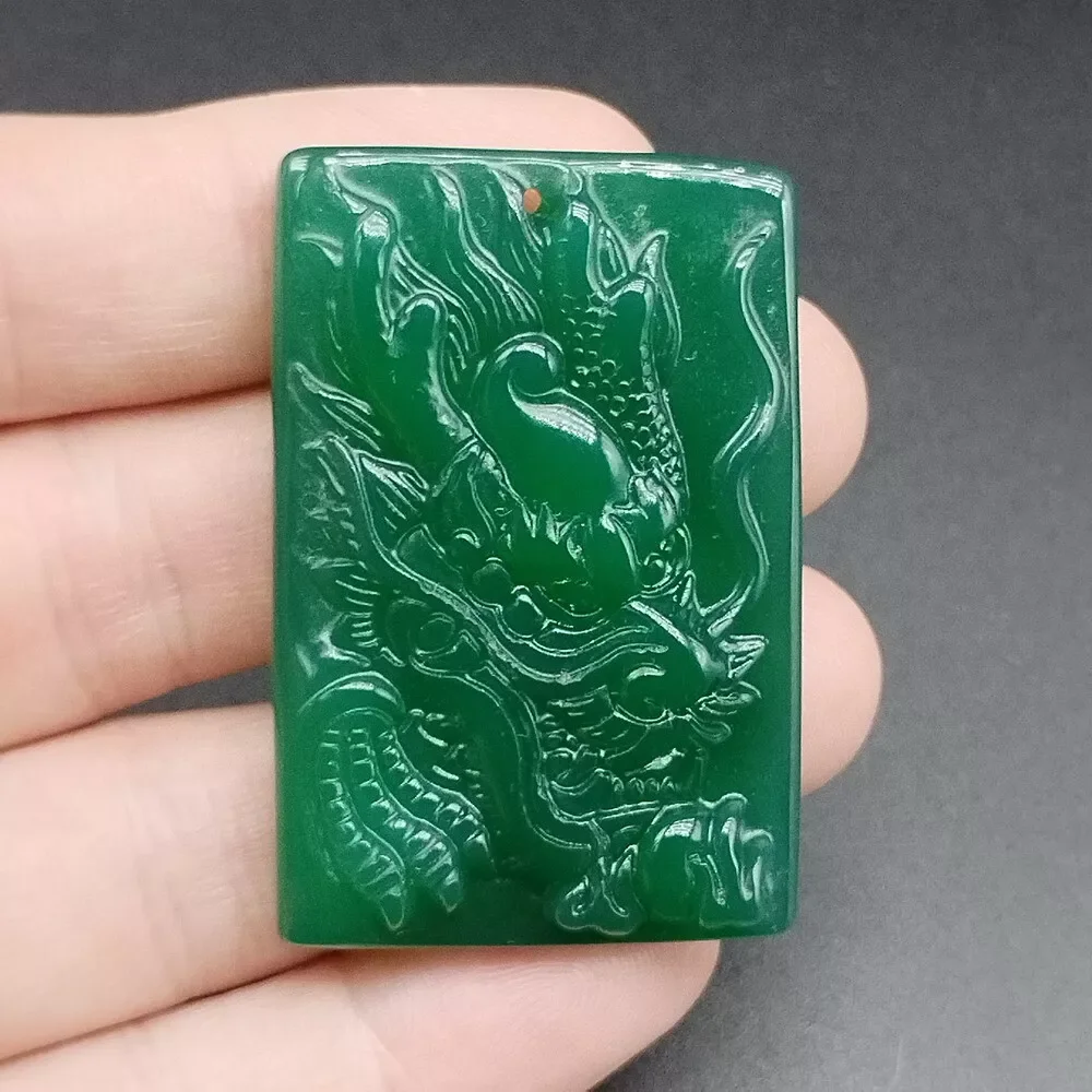 

Certified Green Natural A Agate Chalcedony Carved Dragon Head Amulet Pendant