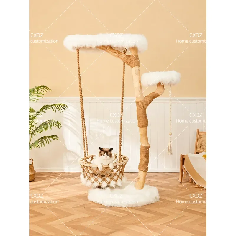 Large Handmade Solid Wood Cat Tree Climbing Frame Villa with Cradle and Jumping Platform Pet Supplies Cloud Shape
