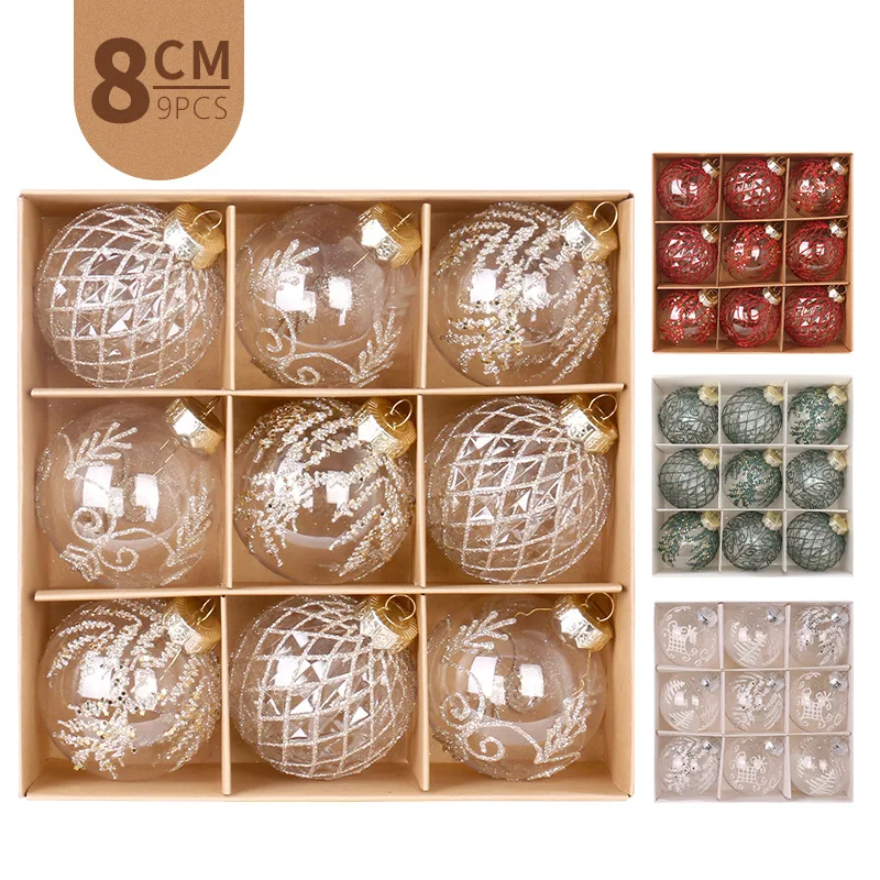 

9pcs Christmas Decorations 8cm Transparent PET Painted Christmas Ball Box Set Christmas Tree Pendant