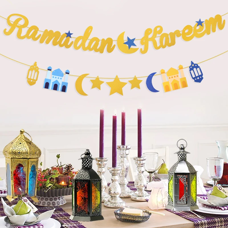 EID Mubarak Star Moon Paper Bunting Garland Ramadan Kareem Letter Banner Hanging Ornament Islamic Muslim Party Decorati For Home