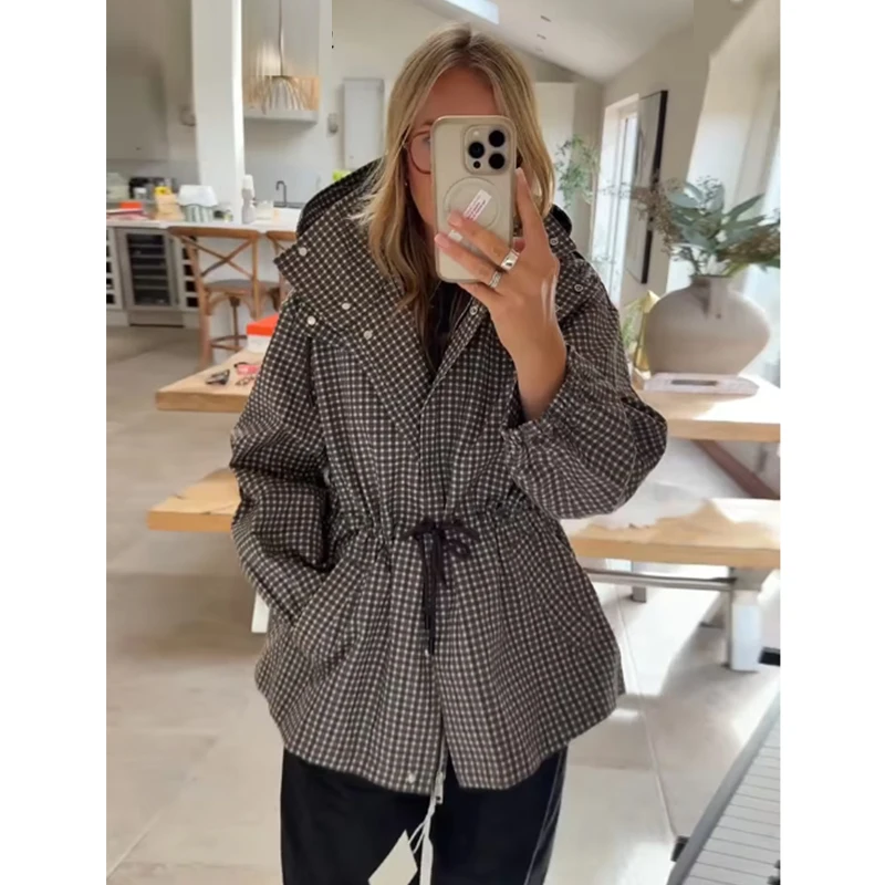 2026 New Vintage Check Hooded Parka Women Adjustable Waist Relaxed Fit Plaid Jacket Stand Collar Long Sleeve Casual Outerwear