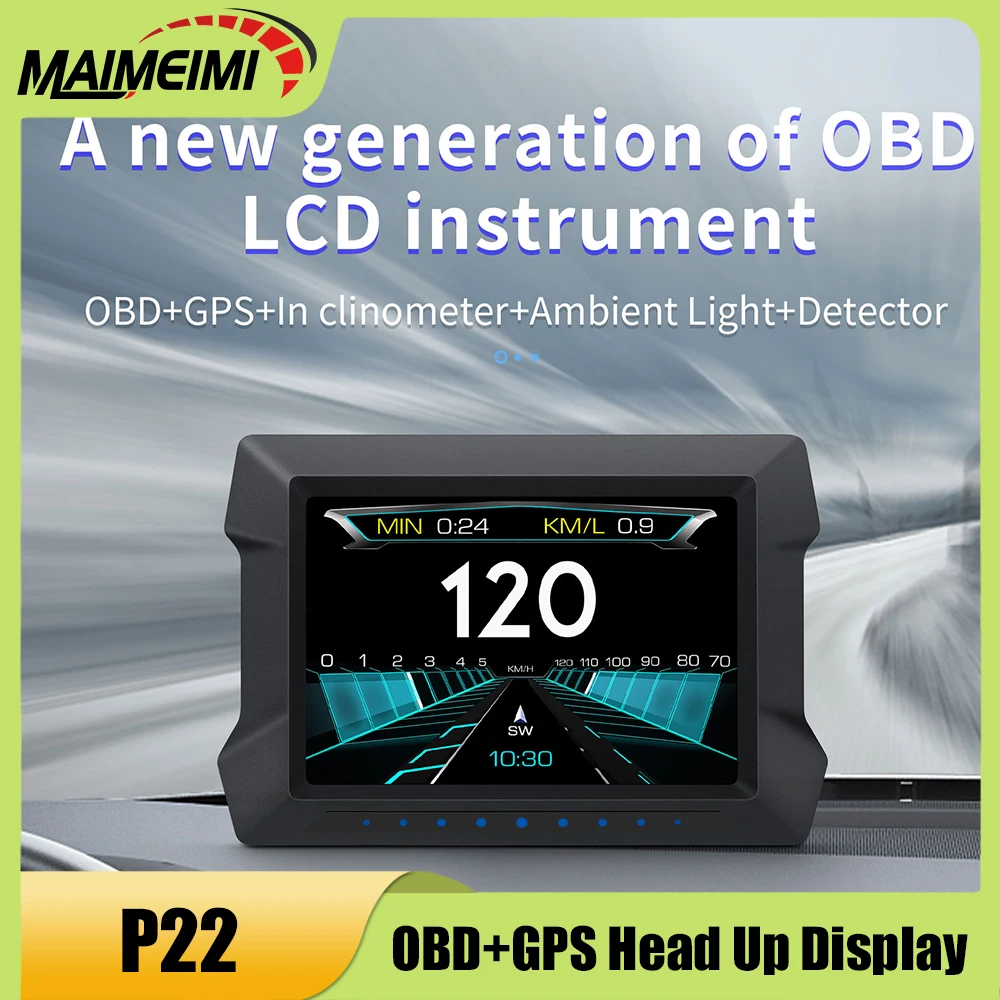 

P22 OBD2 + GPS Car Electronics Head Up Display Speedometer Slope Tilt Meter With Overspeed Low Voltage Alarm Oil Water Temp RPM