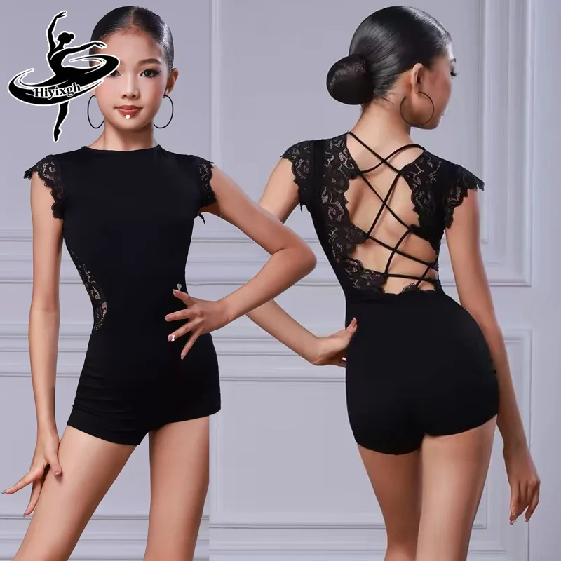 Children'S Latin Dance Competition Costume Girls Latin Dance Performance Bodysuit Short Sleeves Backless Latin Dance Top