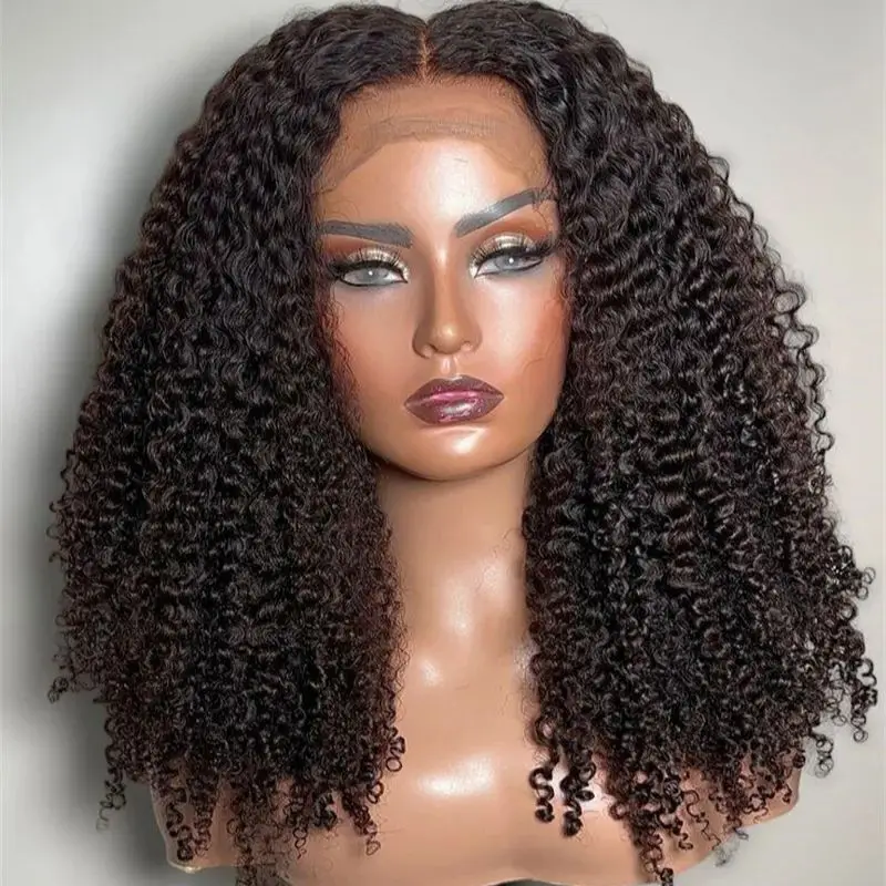 Perruque Lace Front Wig crépus bouclés sans colle pour femmes, cheveux naturels, longs, doux, noirs, 26 pouces, densité 180, pre-plucked, avec baby hair, 03/3