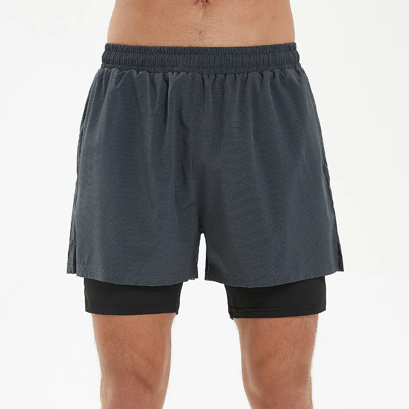 

KIDWHXR Man Sport Shorts Summer American Slim Quick-drying Men Shorts Elastic Waist Pocket Male Fake Two-piece Casual Shorts