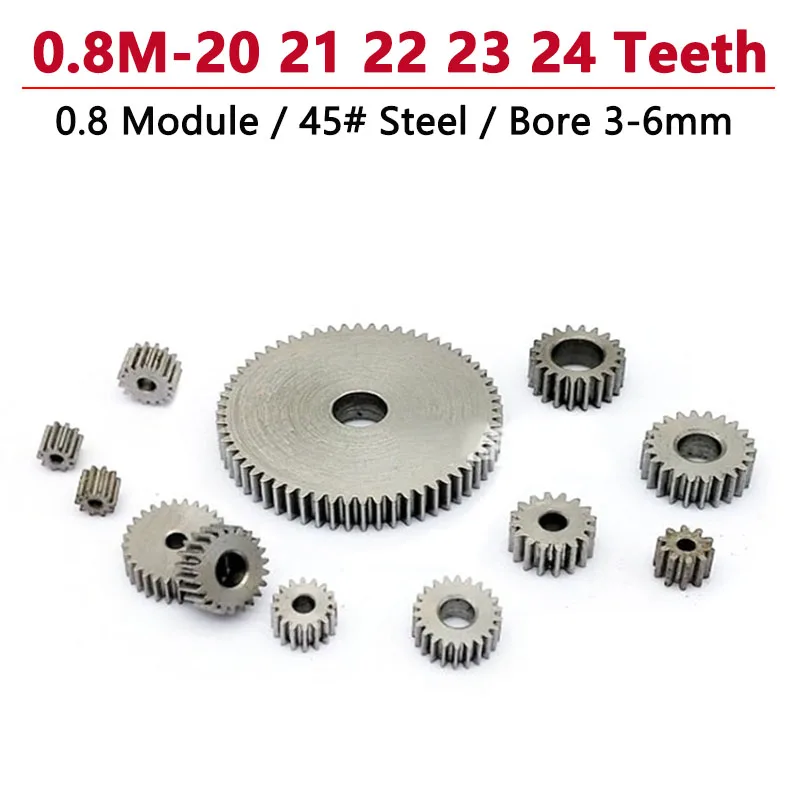 

1pcs 0.8M Pinion Spur Gear 20 21 22 23 24 Teeth 0.8 Module 20T 21T 22T 23T 24T 45# Steel Cylindrical Flat Gear Bore 3-6mm