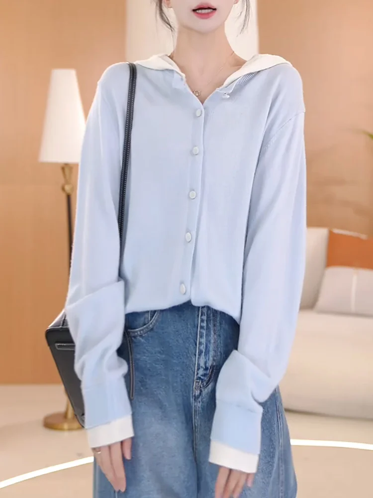 

Slimming Effect Knitted Hoodie Long Sve Women's Blue Top Faionable Versatile plus Size Autumn New Arrival Korean Sle