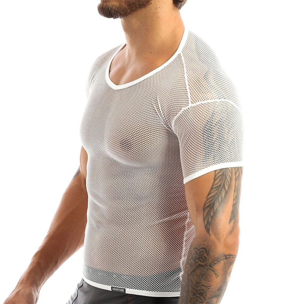 Mens Sexy See Through Tank Vest Mesh Breathable Shirt Fishnet T-Shirt Muscle Crop Top Night Clubwear Party Top Stage Performance