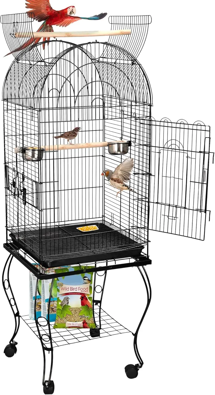 ZENY 63.5 Inch Open-Top Birdcage, Wrought Iron with Slide-Out Tray, Detachable Rolling Stand for Parrots, Parakeets, Cockatoos