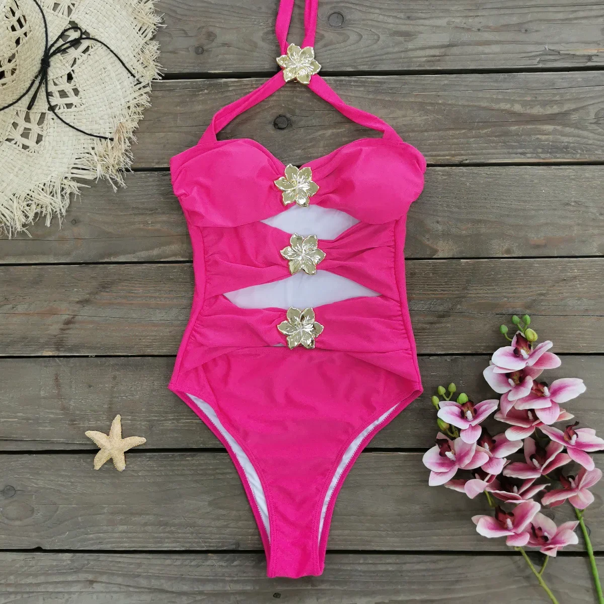 Hoogwaardige Eendelige Badpak Metalen Bloemenprint Push-Up Vrouwen Bikini Set Badmode Afslanken Badpak Strandkleding