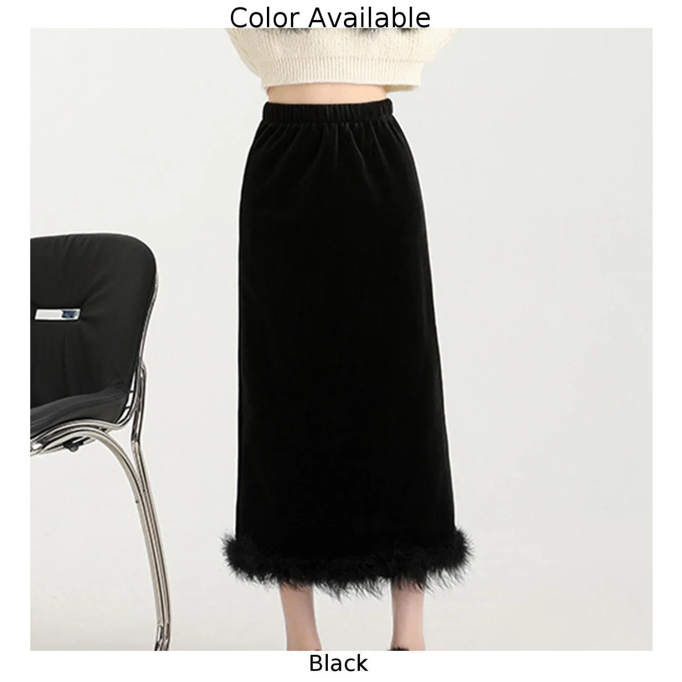 Club Wear Daily Fashion Feather Velvet Skirt Elegant Slit Skirt Casual Vacation Wear For Women Holiday Attire Black
