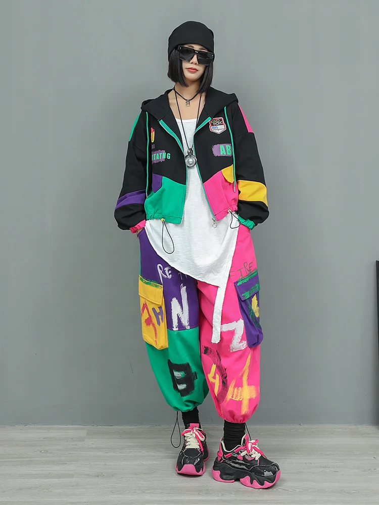 Women's Fashion Personalized Color Blocking Patchwork Graffiti Print Denim Hooded Jacket Wide Leg Pants Vintage Two-piece Set