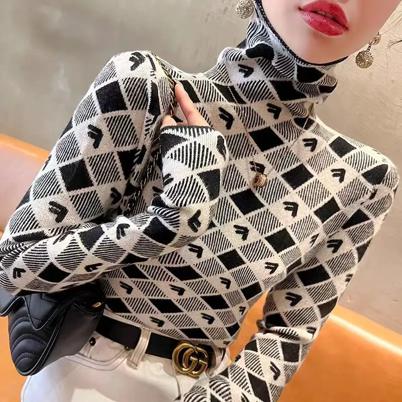 Women Clothing Fashion Turtleneck Argyle Knit Pullovers Autumn Winter Elegant Chic Slim Long Sleeve Long Sleeve All-match Tops