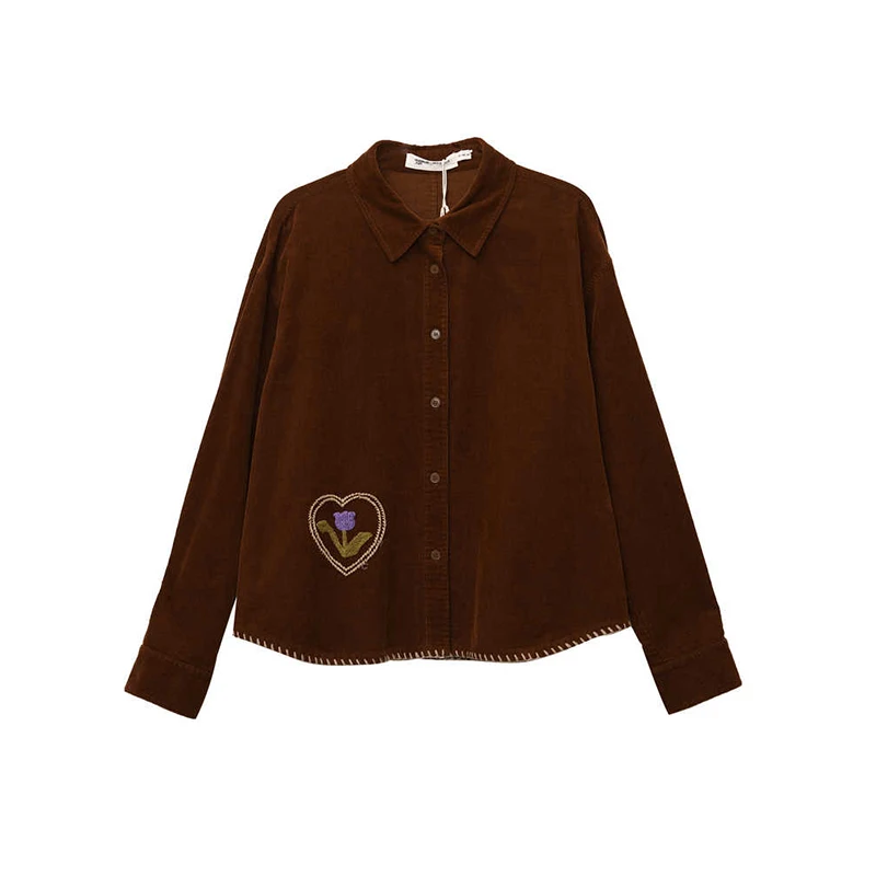 MOVEUP Women's Corduroy 100% Cotton Shirt 2026 Autumn Lapel Heart Flower Embroidery Top Loose Casual Shirt Office Lady 3ELQ20430