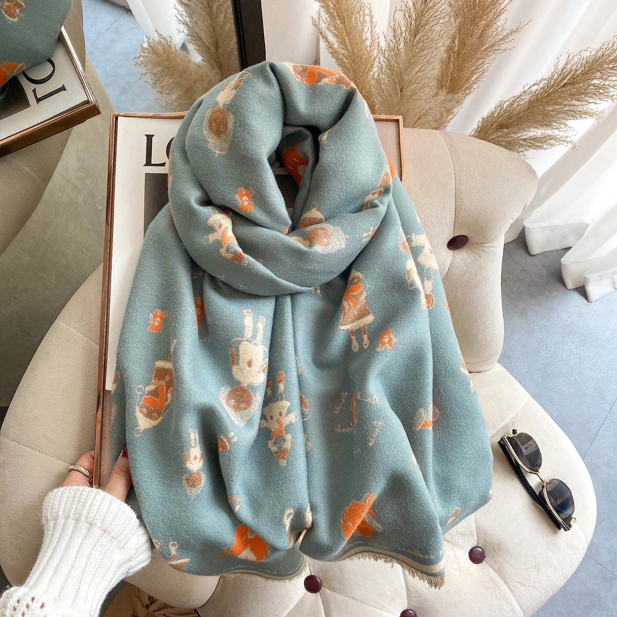 NEW Luxury Winter Thick Warm Cartoon girl Scarf Women Cashmere Shawl and Wraps Pashmina Neckerchief Bufanda Female Long 2024