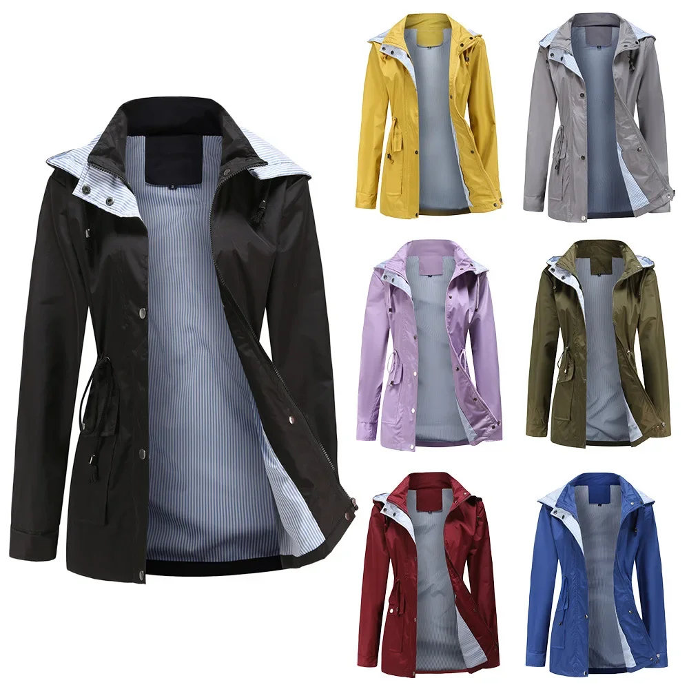 2026 New Women's Hooded Jacket for Spring  Office Fashion Women Outerwear Hat with Removable Waist Drawstring Water Proof.