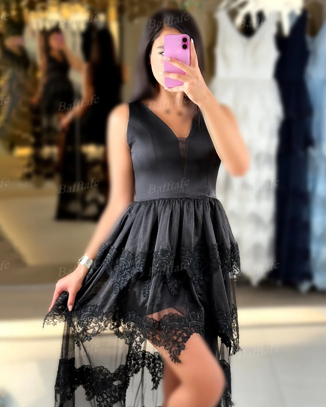 Bafftafe فساتين لحضور الحفلات الموسيقية للنساء من الدانتيل الساتان الأسود مخصصة على شكل حرف v قصيرة من الأمام وطويلة من الخلف مناسبة خاصة رسمية فساتين سهرة 2025