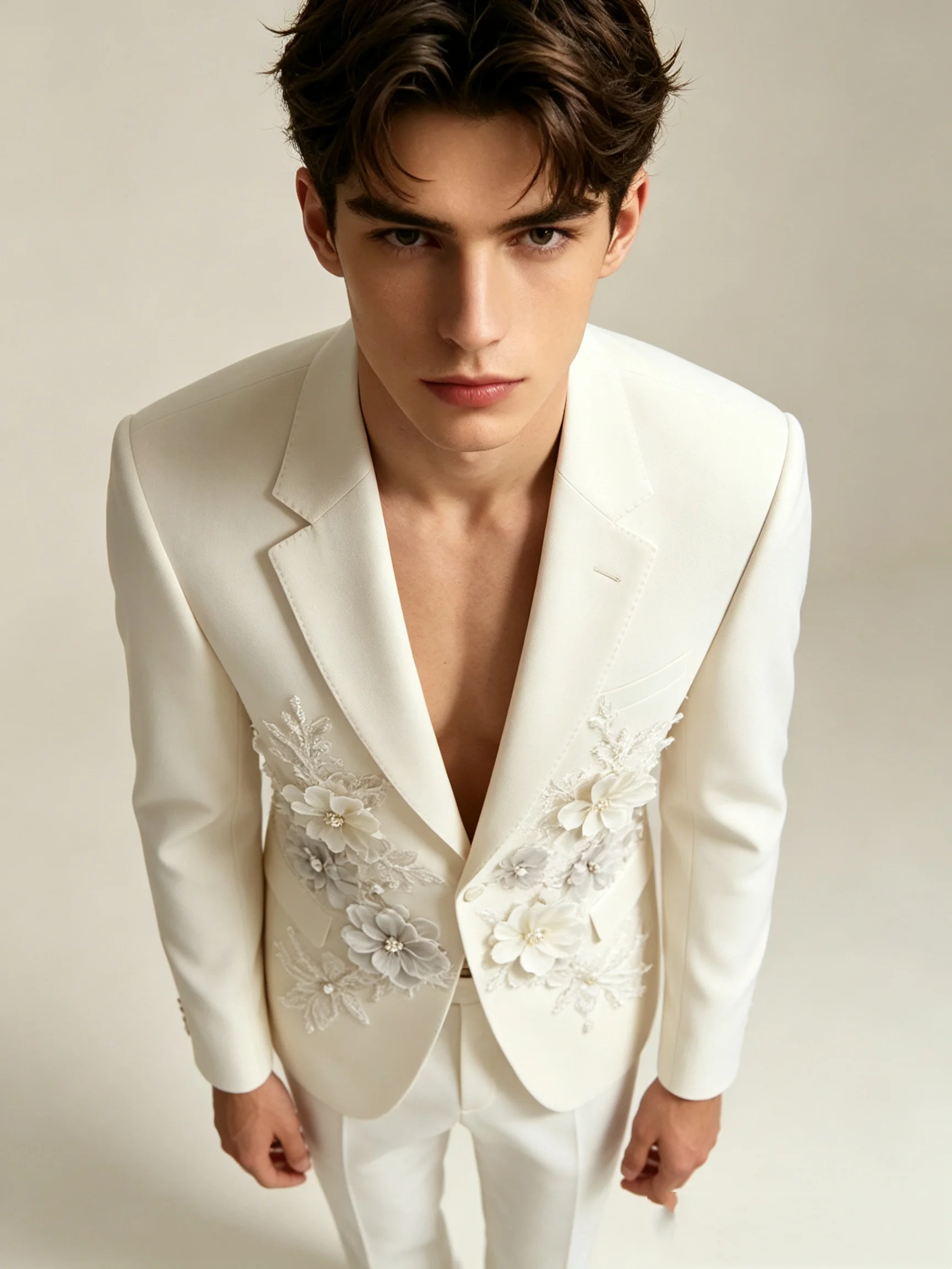 White Flower Men Suits Pants Set 2 Pcs Blazer+Trousers Autumn Prom Wedding Tuxedos Jacket Formal Office Business Coat Outfit