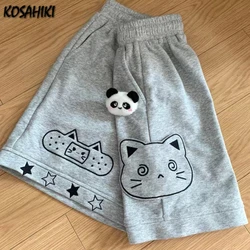 Summer Shorts for Women Cartoon Patchwork Elastic Waist Wide Leg Pants Japanese Casual Pantalones Cortos De Mujer 2024 Bottoms