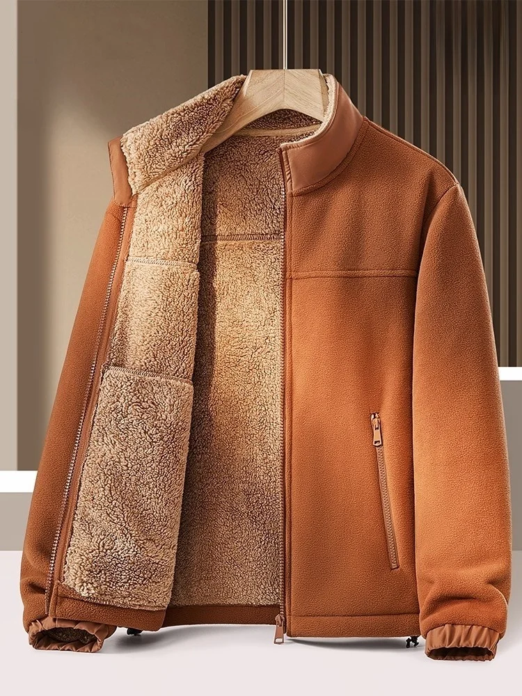 

Lamb Velvet Jaet Men's Autumn Winter Thiened Stand Collar Warmth Comfortable Polyester Fiber Outerwear for Middle-Aged An...