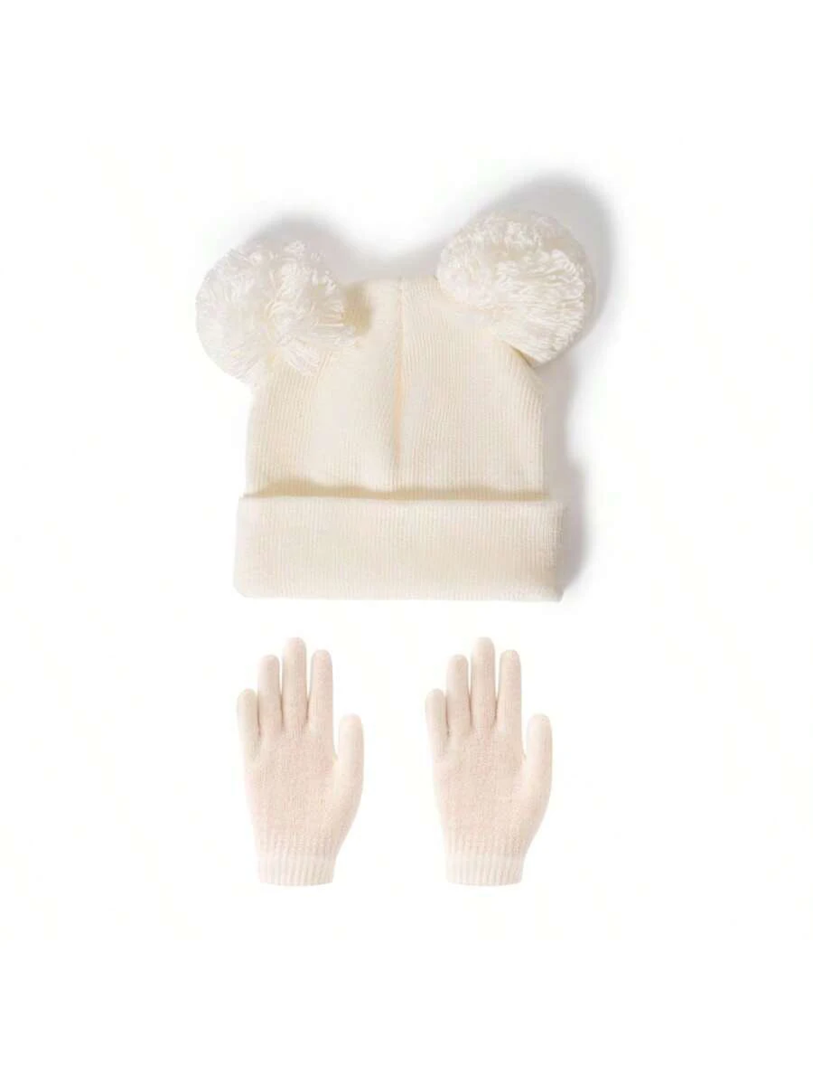 2pcs  children's double ball winter knitted hat, gloves, hat set