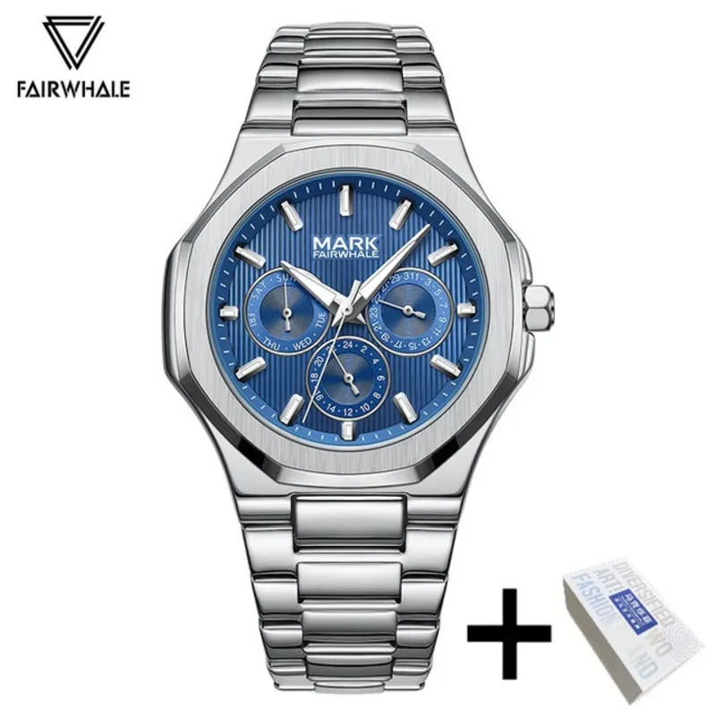 FAIRWHALE Mens Watch Fashion Business Stainless Steel Blue Quartz Watches Auto Date Waterproof Watches for Men Relogio Masculino