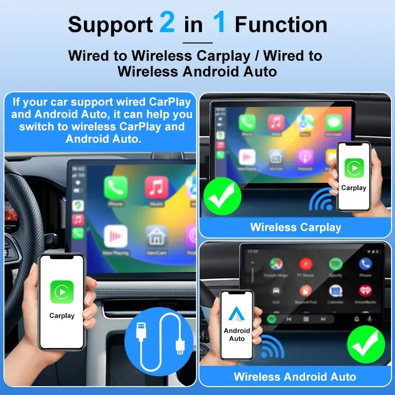 Flixivi 2 em 1 interface sem fio carplay/android auto sem fio usb/TYPE-C adaptador inteligente mini caixa plug conexão rápida universal