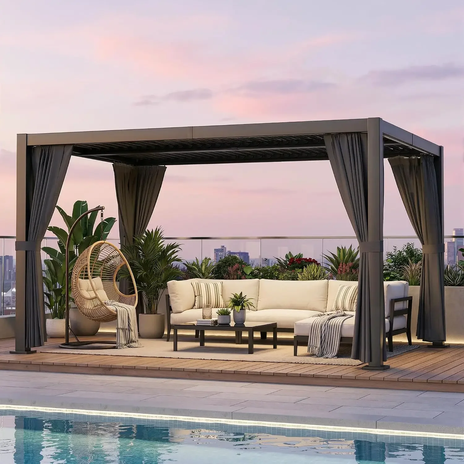 10' ×13' Aluminum Louvered Pergola, Outdoor Pergola with Curtains & Netting, Outdoor Hardtop Gazebo with Adjustable Roof, All-We