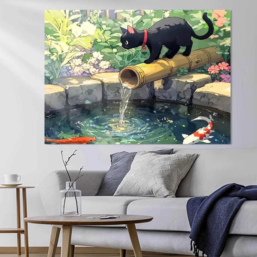 Charming black cat and koi fish pattern tapestry, machine washable polyester, suitable for bedroom and living room decoration.
