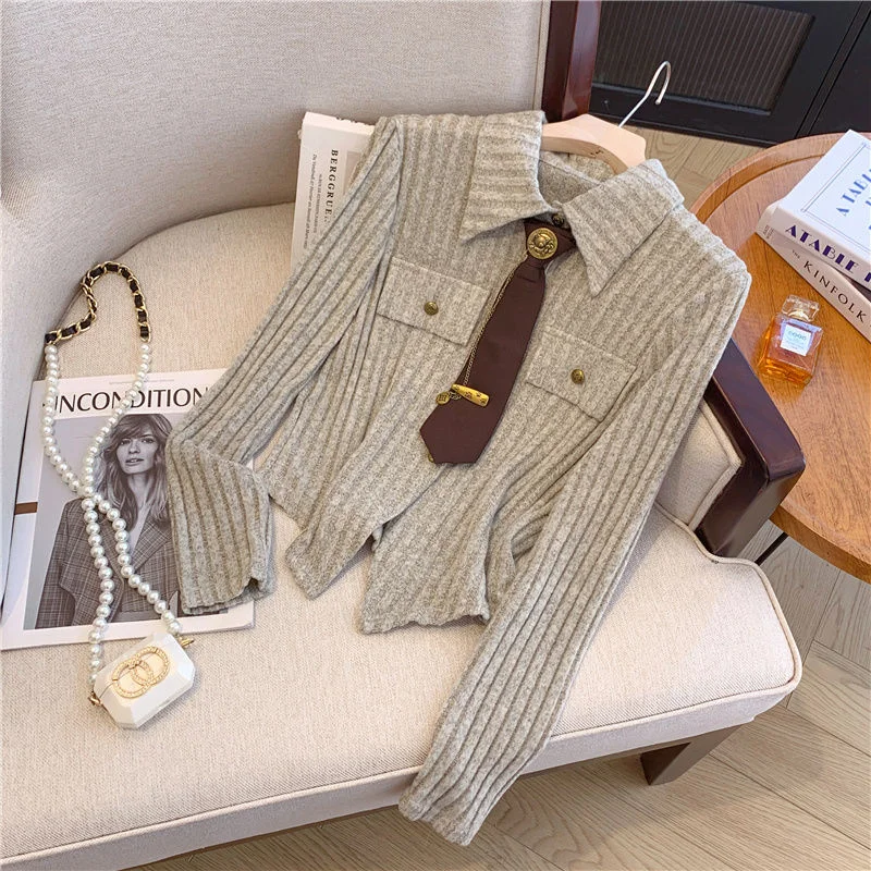 

Irregular Design Long-sleeved Lapel New Style College Tie Slim Shirt Chic Top for Women