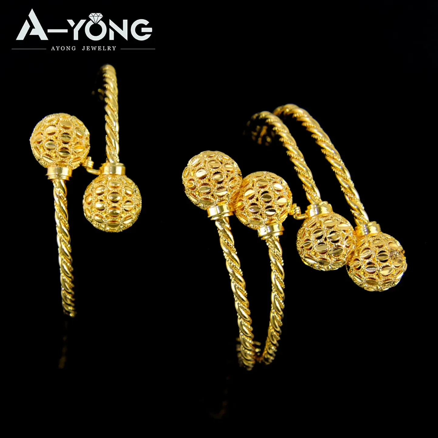 AYONG Arab Gold Color Cuff Bracelet 21k Gold Plated Copper Double Layer Ball Bangles Dubai Women Vintage Party Jewelry Gifts