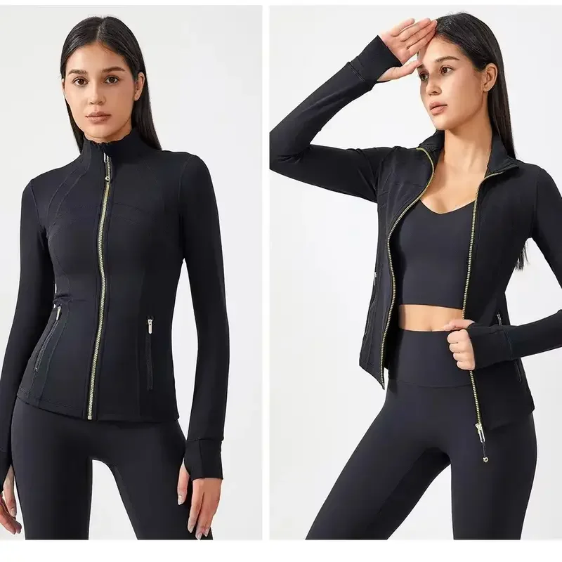 Women define jacket with pockets thumbholes zipper flex slim yoga riding running exercise sport top clothes