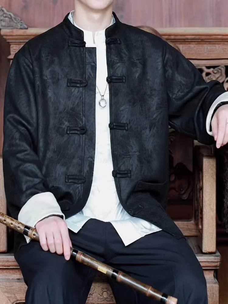 

Мужская замшевая куртка в стиле ретро, новая весенняя модель, китайский стиль Тан, с пуговицами, воротником-стойкой, улучшенная версия Ханьфу