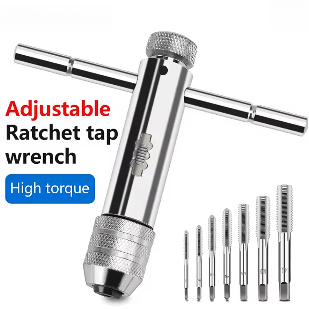 Grifo de trinquete con mango en T ajustable con M3-M8, máquina de 3-8mm, llave de rosca, juego de taladro, herramienta de roscado manual