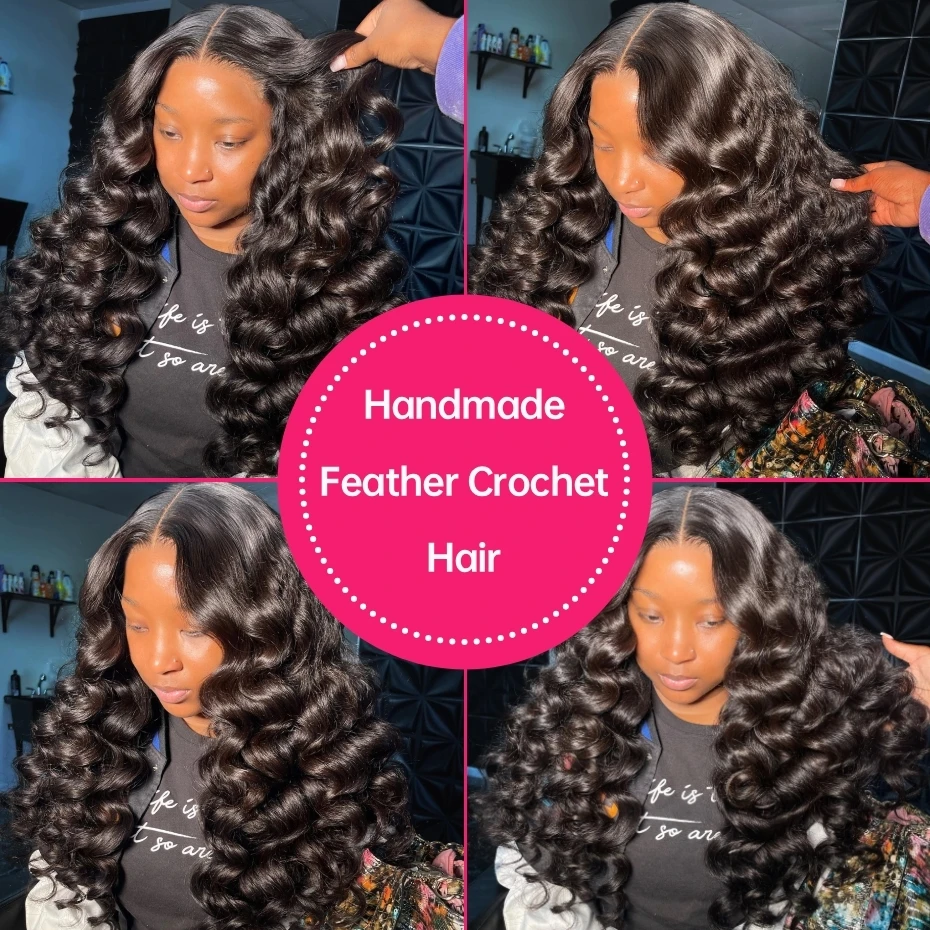 Deep Wave Human Hair Crochet Extensions 1B Natural Black Knotless Pre-Separated Feather Crochet Hair Loose Wave Bulk Braiding Hair No Weft Soft Real Human Hair Invisible Miracle Knots Boho Braids Remy Hair Extensions for Women Ladies - view 7
