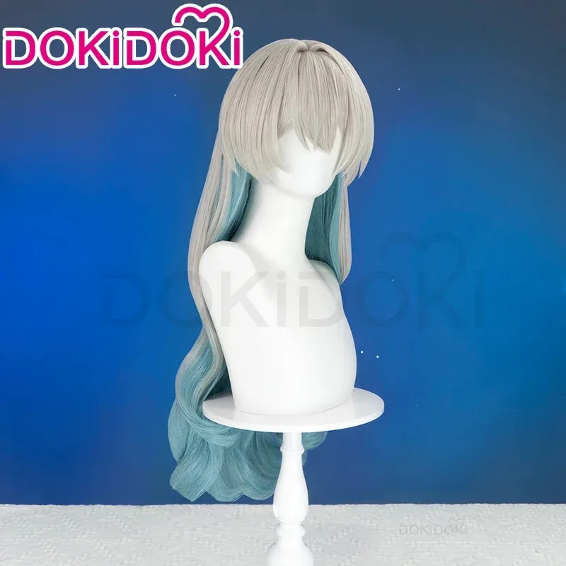 اليراع شعر مستعار تأثيري لعبة هونكاي: ستار السكك الحديدية DokiDoki المرأة فضي أزرق طويل الشعر اليراع تأثيري غطاء الرأس غطاء مجاني