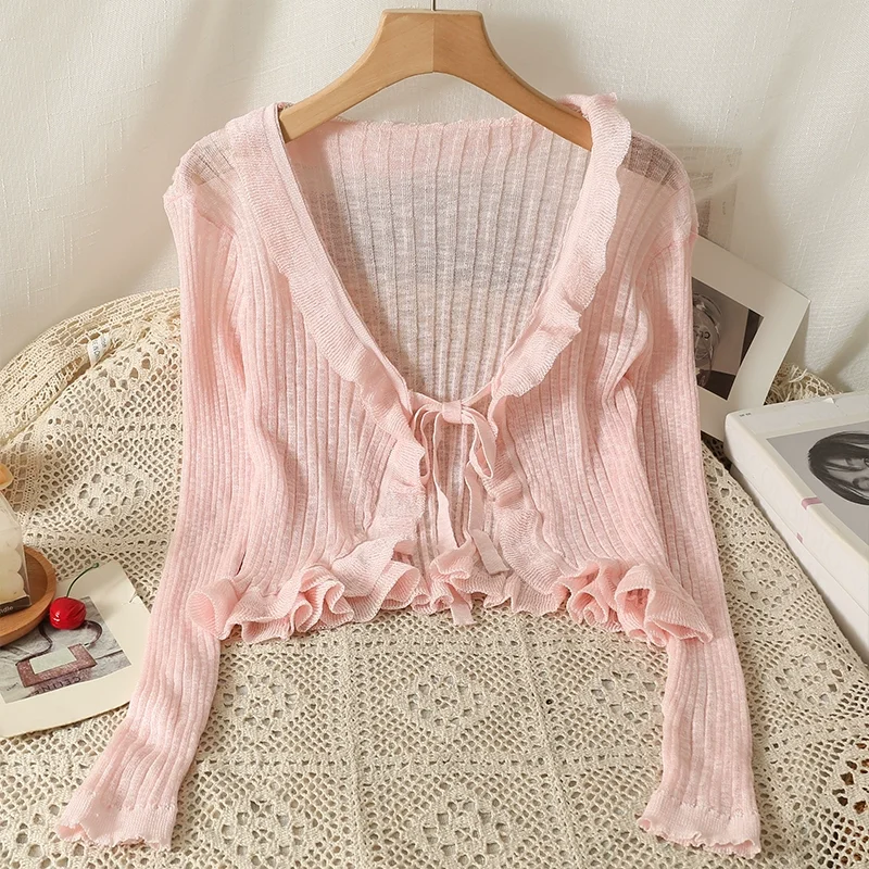 Summer Ruffles Cardigan Slim Women Casual Transparent Sweater Shirts Lady Thin Solid Coats Female Crop Top